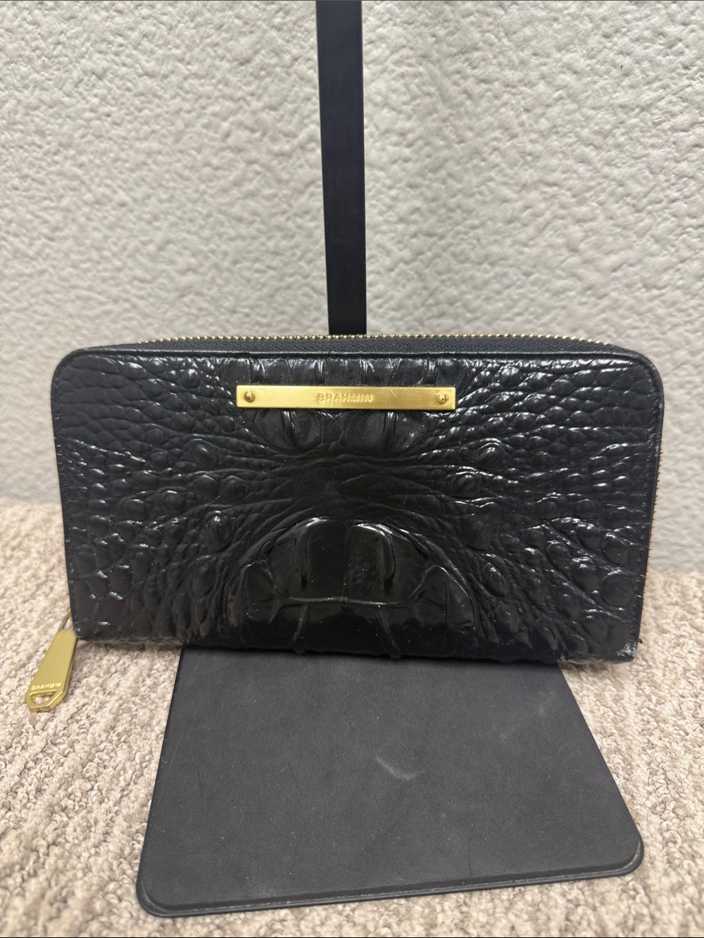 Brahmin Melbourne Black Croc-Embossed Zip Around Wallet with Gold Accents